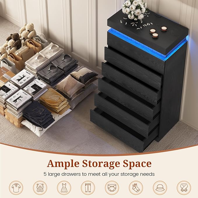 Tall Black 6 Dresser for Bedroom, Sliding Top Storage Space, Modern Wood Drawers with LED Light and Power Outlet, Large Chest of Drawer for Living Room, Hallway, Entryway (6 Drawers,Black)