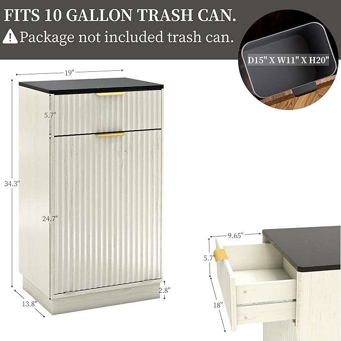Tilt-Out Trash Cabinet, White Laundry Hamper Cabinet with Black Top, 34.3 x 19 x 13.8 inches, 10 Gallon Capacity, Wave-Textured Front, Storage Drawer.