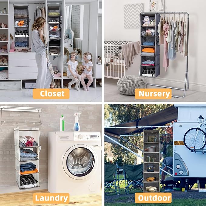 4-Shelf Hanging Closet Organizer and Storage, Collapsible Hanging Shelves for Closet with 2 Side Pockets, Hanging Shoe Organizer to Saving Space,Beige