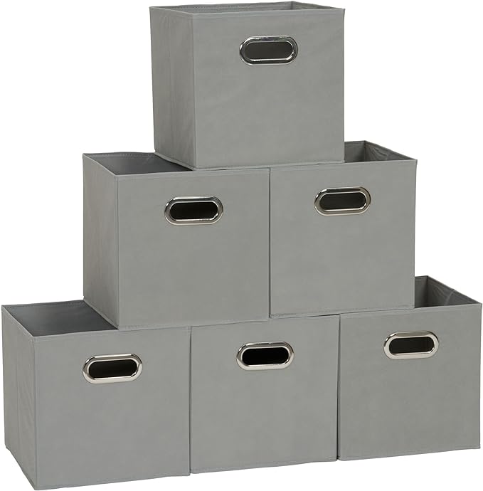 Household Essentials Foldable Fabric Storage Cubes 6-Pack – 11x11x11 Stackable Non-Woven Bins with Chipboard Sides & Grommet Handles – Closet, Shelf, Nursery, or Office Organizer – Dove Gray