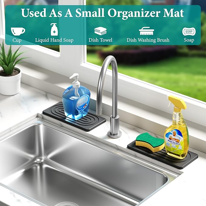 Water Absorbing Stone Tray for Sink, Quick Drying Diatomite Bathroom Tray Countertop, Stone Drying Mat for Kitchen Counter Faucet, Soap Dish Dispenser Vanity Organizer, Dark Grey-A-8.3" x 4"