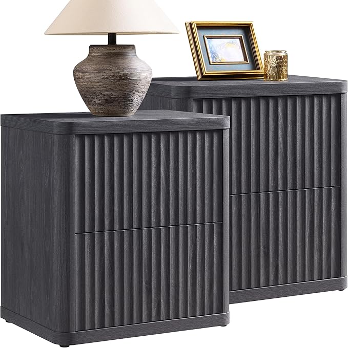 SICOTAS Night Stand Set of 2 Nightstands with 2 Drawers Storage Bedside Table Large Fluted Bed Side End Table Modern 24.4" Tall Wide Night Stands for Bedroom Living Room Sofa Couch Office