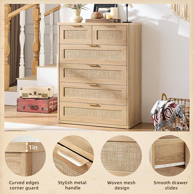 LEYAOYAO Rattan Dresser for Bedroom, 42" Tall Chest of Drawers, Modern 6 Drawers Boho Dressers with Storage, Light Oak Dresser Wooden Closet Organizer for Living Room, Hallway, Natural Wood