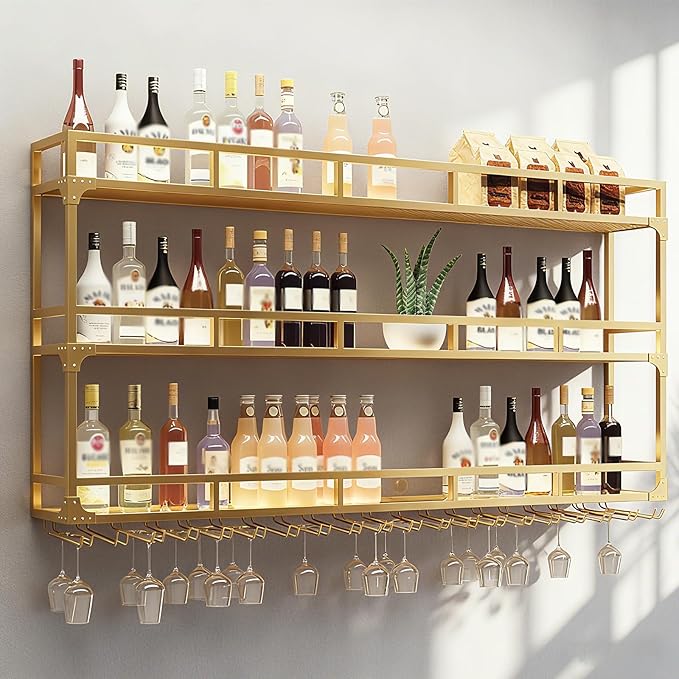 70.8in Wall Mounted Wine Rack, Wine Rack Wall Mounted with Wine Glass Rack, Metal Bar Bottle Display Shelf Wine Cups Hanging Holder, for Home Bar Cafe Decoration (Gold, 70.8 * 10 * 35.5IN)