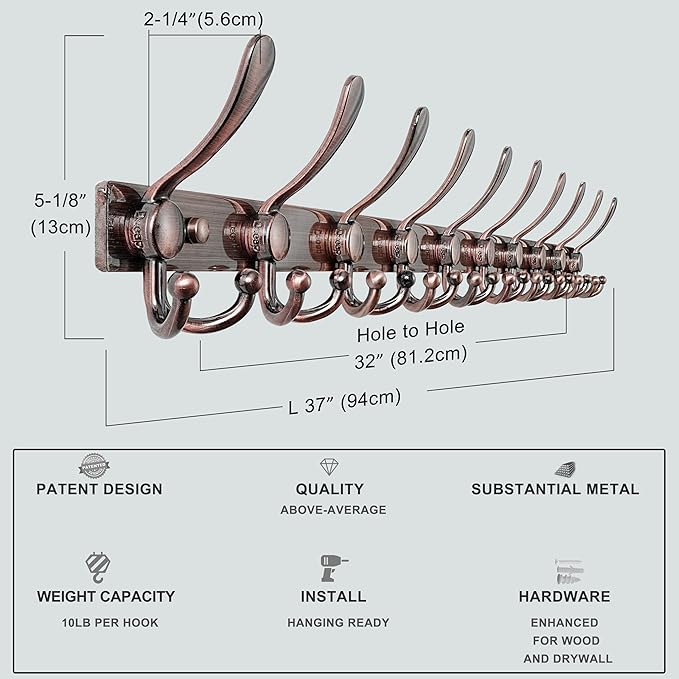 Dseap MaxStrong 2.0 Coat Rack Wall - 37” Long 10 Tri Hooks - Ultra Heavy-Duty Stainless Steel Wall Mount Coat Hanger, Hook Rail for Clothes Hats Jacket Towels Antique Copper, Pack of 2