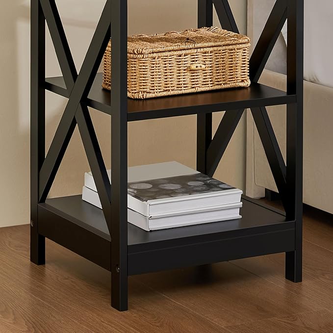 Yaheetech Black End Table Set of 2, 16x16x24 in Sturdy 3-Tier Side Tables with Storage Shelf & Solid Wood Legs, 2Pcs X-Design Modern Sofa Side Table for Living Room Office, Easy Assembly