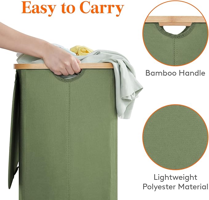 Lifewit 100L Laundry Basket with Lid, Clothes Hampers for Laundry with Bamboo Handles and A Removable Bag, Large Foldable Laundry Hamper for Bedroom, Bathroom, Dorm, Laundry Room, Green