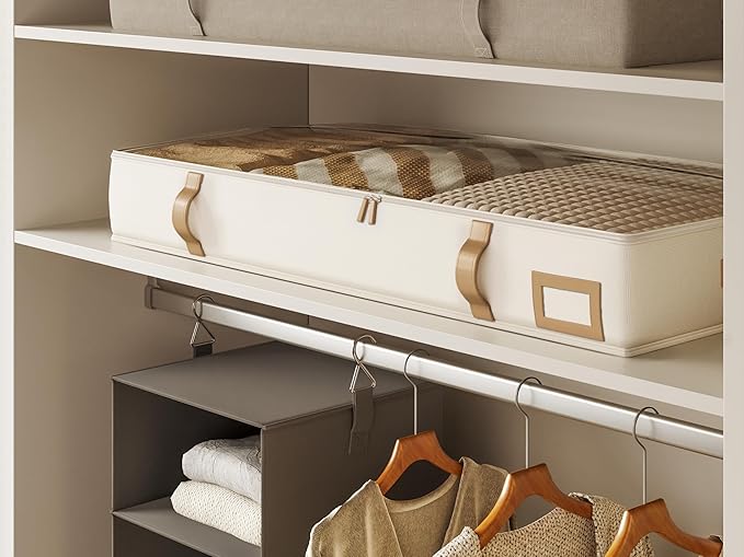 Vailando Storage Containers, 6 Inches Tall 60L Underbed Storage Bins with Leather Handles and Sidewalls, Closet Organizer for Clothes, Blankets, Seasonal Items, Beige with Brown, 2-Pack