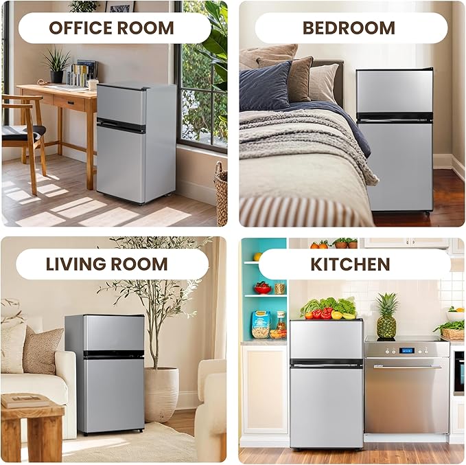Manastin 3.6 Cu.Ft Mini Fridge with Freezer, 2 Door Small Refrigerator, 7 Level Adjustable Thermostat, Compact Fridge for Living Room, Office, Kitchen and Apartment(Silver)