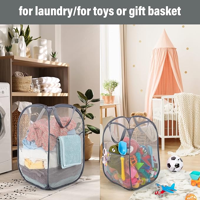 BATTOO 3 Pack Collapsible Laundry Basket Strong Mesh Pop Up Laundry Hamper for Laundry Foldable Hampers with Side Pocket Reinforced Handles for Bathroom, Kids Room, College Dorm or Travel Grey