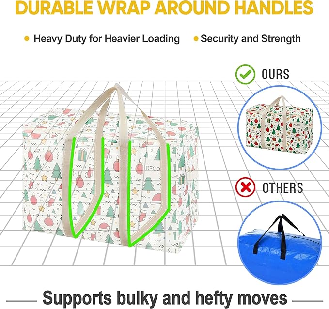 VENO 2 Pack Moving Bags and Large Christmas Storage Bins with lids. Alternative to Moving Boxes, Packing Supplies for College. Extra Large Heavy Duty Totes for Packaging (Jingle Mix, 2 Pack)