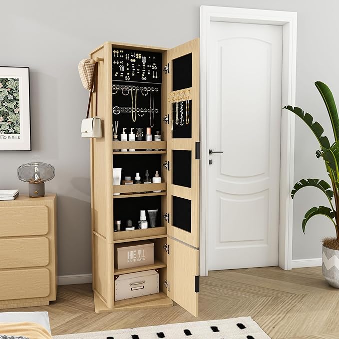 Montary 360° Rotating Makeup & Jewelry Cabinet with Full-Length Mirror - Standing Storage Organizer with Coat Rack, 4-Tier Open & Built-in Shelves, Walnut