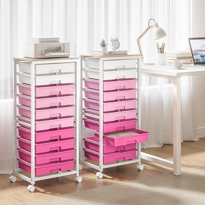 Rolling Cart with Drawers,10 Drawer Rolling Cart,Storage Cart,Utility Cart,Teacher Cart for Classroom Storage,Craft Cart with Wheels and Wooden Tabletop,Pink