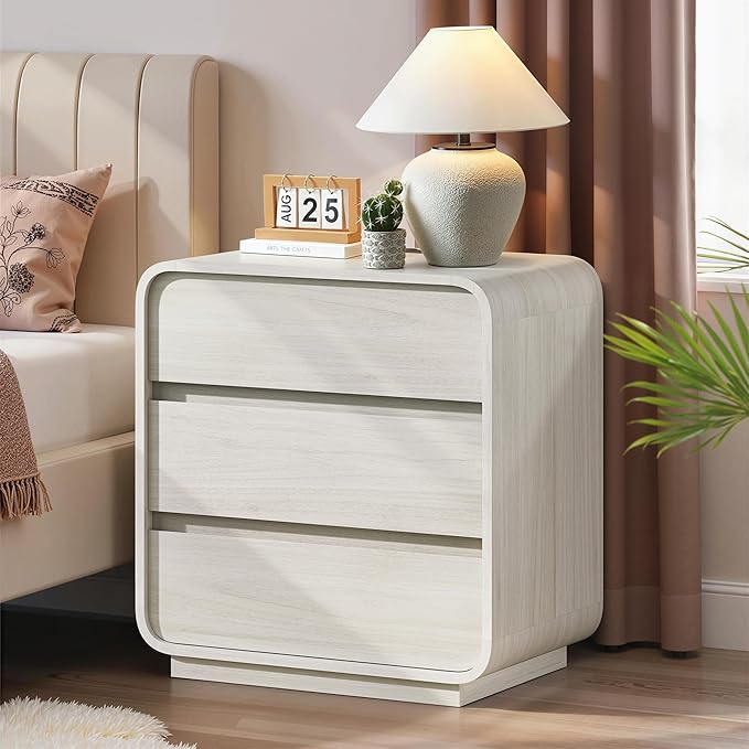 White Night Stand Set of 2 with Charging Station, Modern Dresser End Table with 3 Storage Drawers, Curved Wood Bedside Table, Mid Century Night Stand for Bedroom Dorm, 23.2" Wide