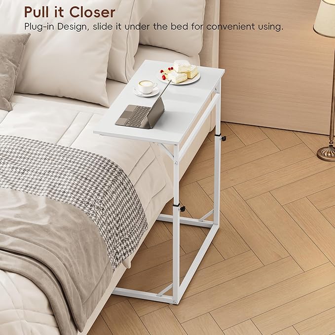Vagusicc C Shaped End Table, Tall Side Table for Couch, C-Table End Table Adjustable Height Side Table, Large Surface Sofa Table TV Tray, Slide Under Couch Table for Sofa, Living Room, Bedroom, White