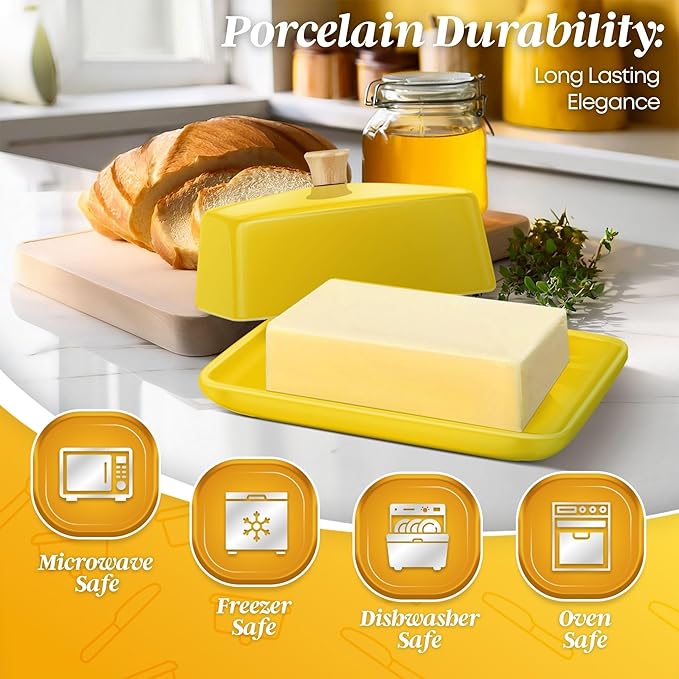 Flexzion Ceramic Yellow European Butter Dish with Lid for Countertop (7 Inch) - Wide 2 Stick Double Butter Holder for Counter, Cream Cheese Container Storage Keeper