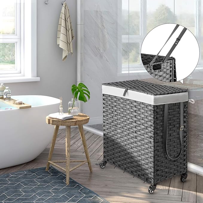 Greenstell Laundry Hamper with Wheels, No Install Needed, 90L Divided Handwoven Hampers & 2 Removable Liner Bags, Rattan Clothes Laundry Basket with Lid & Handles, Foldable Hampers Gray 18x13x26.4 In