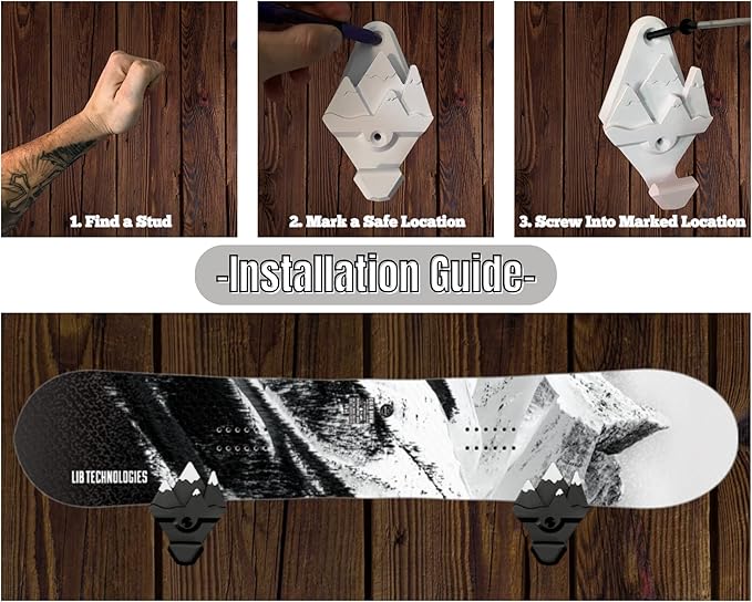 Snowboard Wall Mount with Hooks, Universal Design, Snowboard Rack, Space Saver, Wall Art (Black & White Mountains)