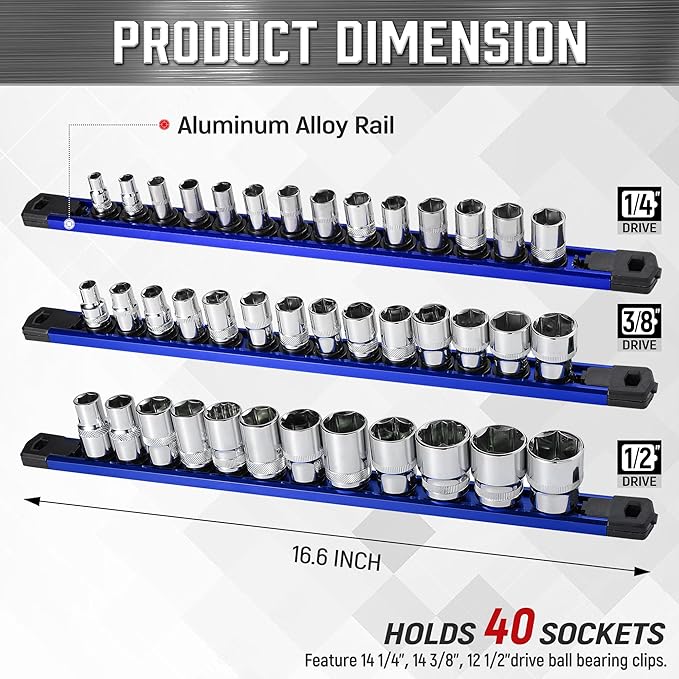 ALOANES 3-Piece Magnetic Socket Organizer, Heavy Duty Aluminum Socket Rails Organizer, 360° Swivel Clips Socket Holder Kit for Tool Box, 1/2, 3/8, 1/4-Inch Socket Holder x 40 Clips (Blue)