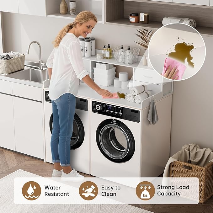 4 Drawers Washer Dryer Countertop with Shelf, 27.5" D x 54" W Laundry Topper with 3.54" High Guardrails and Non-Slip Pads,Extra Storage Organizer for Over Washer and Dryer, Holds 66 Lbs,White