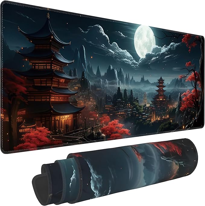 Japanese Full Moon Large Mouse Pad,Gaming Keyboard Desk Pad,Extended Mouse Mat Non-Slip Rubber Base with Stitched Edges for Office Game Home XL 31.5"x11.8"