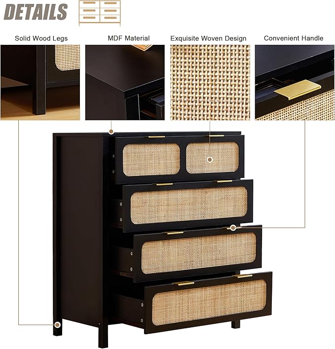 4 Drawer Dresser with Rattan Finish, Modern Farmhouse Chest of Drawers with Metal Handles, Accent Wood Storage Cabinet for Bedroom, Living Room (Black-4 Drawers)