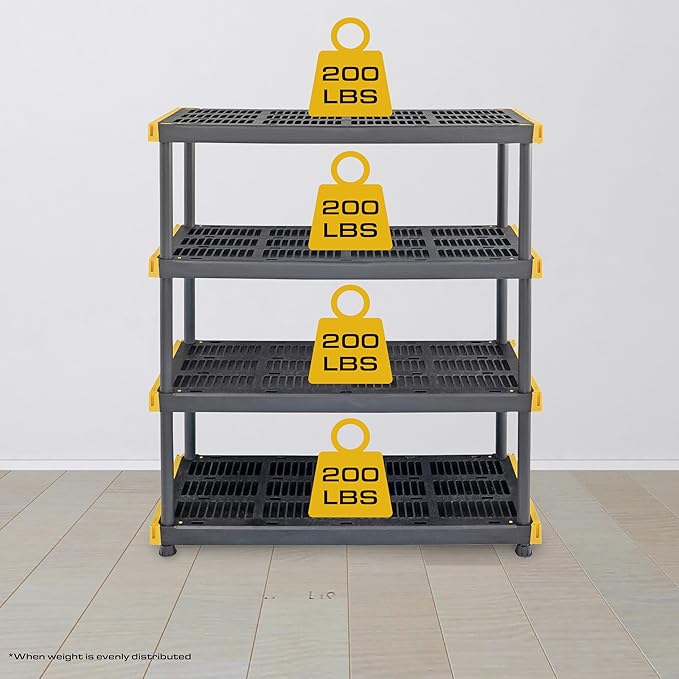 CX Black & Yellow, 4-Tier Heavy Duty Plastic Storage Shelving Unit, 200lbs/shelf (55"H x 48"W x 20"D), for Garage Tools, Basement & Outdoor Organization, Modular Rack