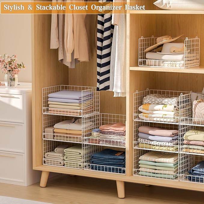 Closet Organizers and Storage Basket- 3-Tier Stackable Storage Bins, Foldable Closet Shelf Organizer Basket, Stackable Clothes Organizers Shelves for Home Organizer System
