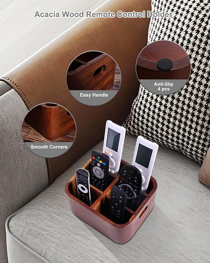 LYNG Acacia Wood Remote Control Holder Caddy, Solid Wood Organizer with 4 Adjustable Dividers & Handle, Remote Organizer for Coffee Table & Living Room