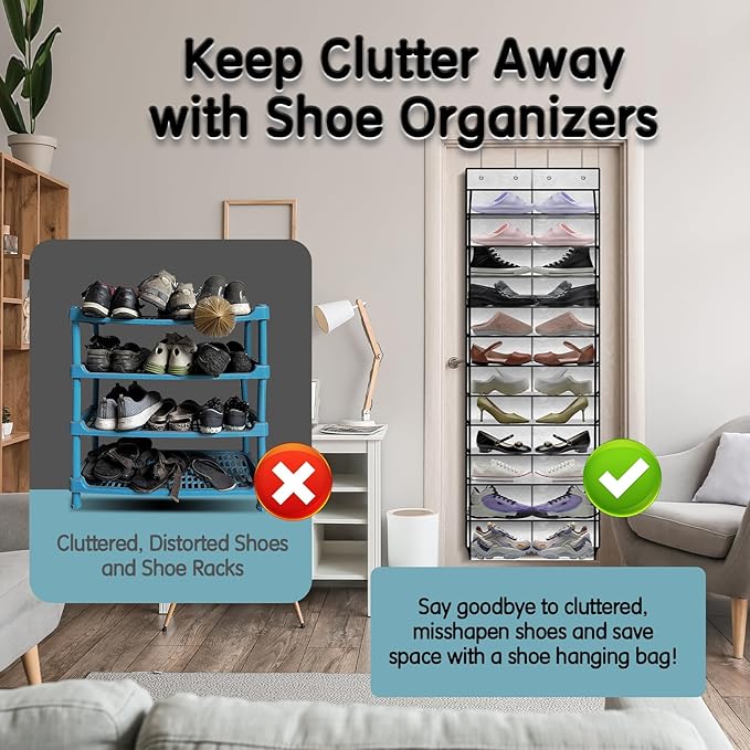 Over The Door Shoe Organizer with 12 Large Breathable Pockets - Durable Hanging Storage for the Entire Family's Shoes - White