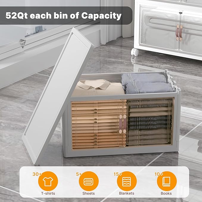 330Qt Stackable Storage Bins with Lids, 6 Pack Collapsible Bins with Wheels, Plastic Cabinet with Doors, Foldable Closet Organizers and Storage for Home, Dorm, Office, White