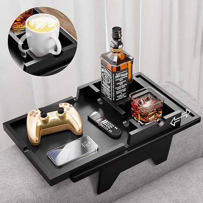 Black Couch Cup Holder Tray - 2 in 1 Couch Armrest Table with Be Slide-Away Detachable Double Holder - Foldable Sofa Armchair Caddy for Drinking Snacks iPad TV Remote
