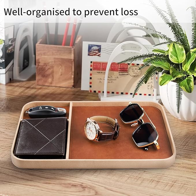 SENEN Leather Tray, Stylish and Organized Multifunctional Tray, for Table Entryway, Premium PU Leather, Catchall Tray for Keys, Watch, Wallet, Jewelry, and More (Beige Frame)