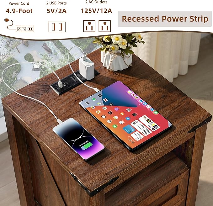 Nightstand with Charging Station and USB Port, Farmhouse Side End Table with 2 Drawers and Open Shelf, Wood Rustic Sofa Table, Bedside Cabinet for Bedroom, Living Room, Closet, Office(Brown)