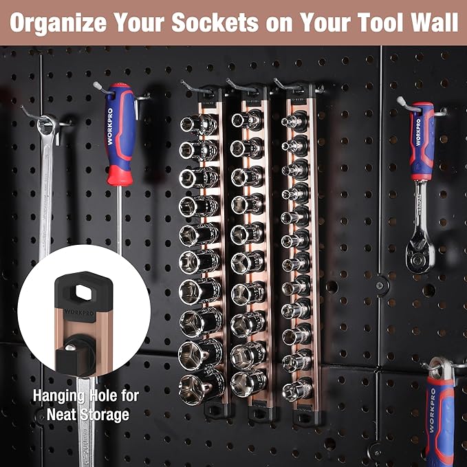 WORKPRO Magnetic Socket Organizer, 3/8-Inch Drive Aluminum Alloy Socket Rail, Heavy Duty Socket Holder, Socket Rack Kit 3/8-Inch x 10 Clips Champagne (Socket not Included)