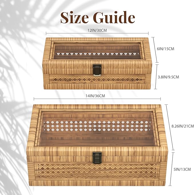 Rattan Decorative Box,Boho Display Boxes with Lids,Set of 2 Rectangular Wicker Storage Decoration,Natural Woven Cane Bins for Home Decor for Rustic Farmhouse(Natural)