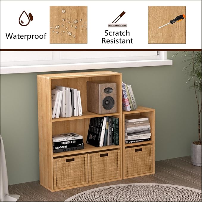 Wooden 4 Cube Storage Organizer,4 Tier Low Bookcase Storage Display Organizer, 44 Inch Versatile Cubes Shelf and Cubby Unit for Any Space (Oak, 4 Cube-W(23.6inch)