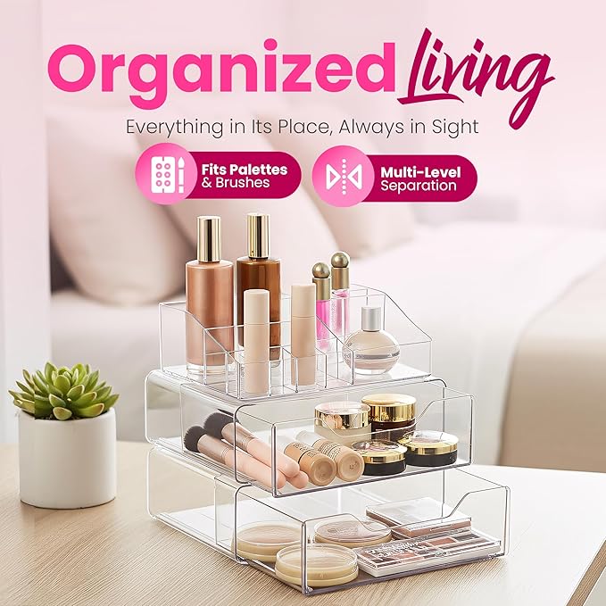 Clear Makeup Organizer - Acrylic Cosmetic Vanity Storage Organizers for Girls Dresser, Bathroom, Desk Counter - Plastic Make Up Holder, Jewelry Box (2-Drawer | Multi Compartments)