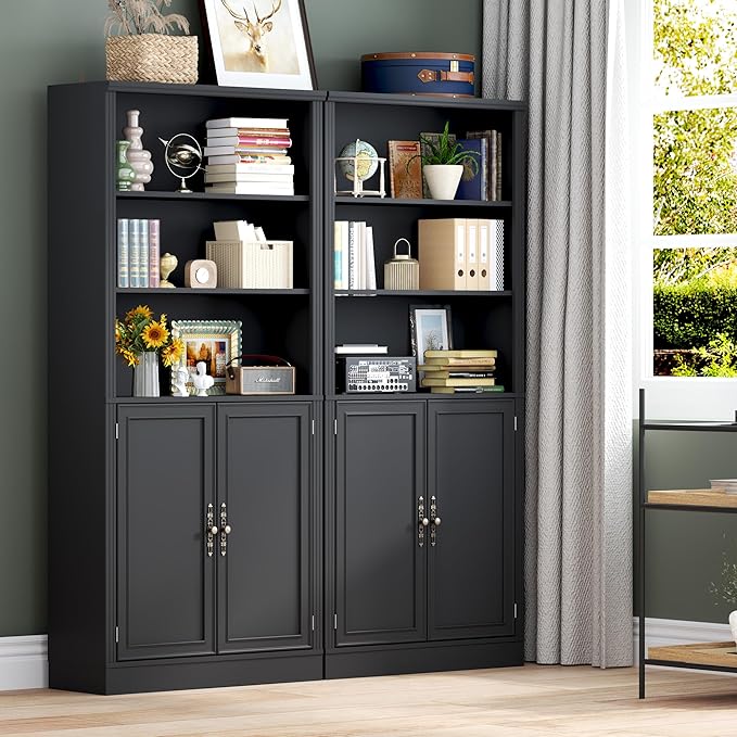 71.4" Tall Bookshelf with Cabinet, 5-Tier Floor Standing Bookcase with Doors & Adjustable Shelves, 31.5" Wide Storage Shelf, Metal Handles, Modern Organizer for Home Office, Living Room