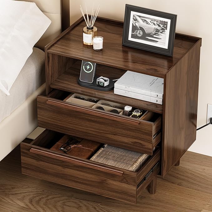 Mid-Century Modern Nightstands Set of 2 with Charging Station, 26" Tall Wood Bedside Tables with Tray Top, USB & Type-C Ports, 2 Drawers and Open Shelf for Bedroom or Living Room, Walnut