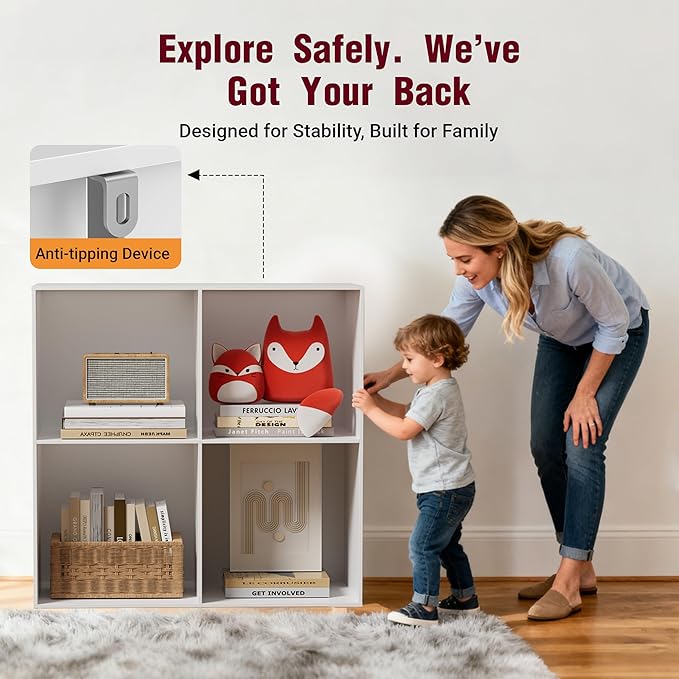 Book Shelf, Wooden Cube Storage Organizer with 11" Open Cubes, Stackable Modular Bookcase for Room Divider Storage, 2 Tier Bookshelf for Living Room, Bedroom, Office (White, 4-Cube)