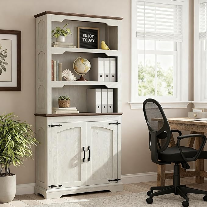 70 Inch Farmhouse Bookcase, Distressed White and Walnut Two-Tone Shelves, 5 Tier Bookshelf with Arched Trim Doors, Living Room Storage Cabinet Unit, 31.5x11.8 Inches (Off White&Walnut, Doors Storage)