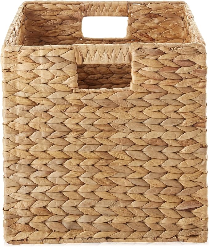 Casafield 13" x 13" Water Hyacinth Storage Baskets, Natural - Set of 4 Collapsible Cube Organizers, Woven Bins for Bathroom, Bedroom, Laundry, Pantry, Shelves