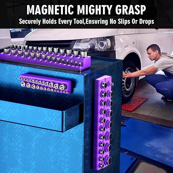 Magnetic Socket Organizer Set, 3-Piece Socket Holder Trays for 1/4" 3/8" 1/2" Drive Sockets, Organizes 68 Metric Sockets, Purple Tool Box Organizer (Sockets Not Included)