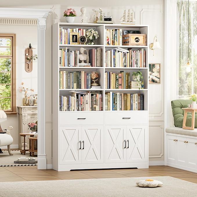 HOSTACK 78" Tall Bookshelf with Doors, Double Wide Bookshelf with Storage Drawers, Large Bookcase with Cabinet and 8 Open Display Shelves, Farmhouse Wood Bookcase Book Shelf for Living Room, White