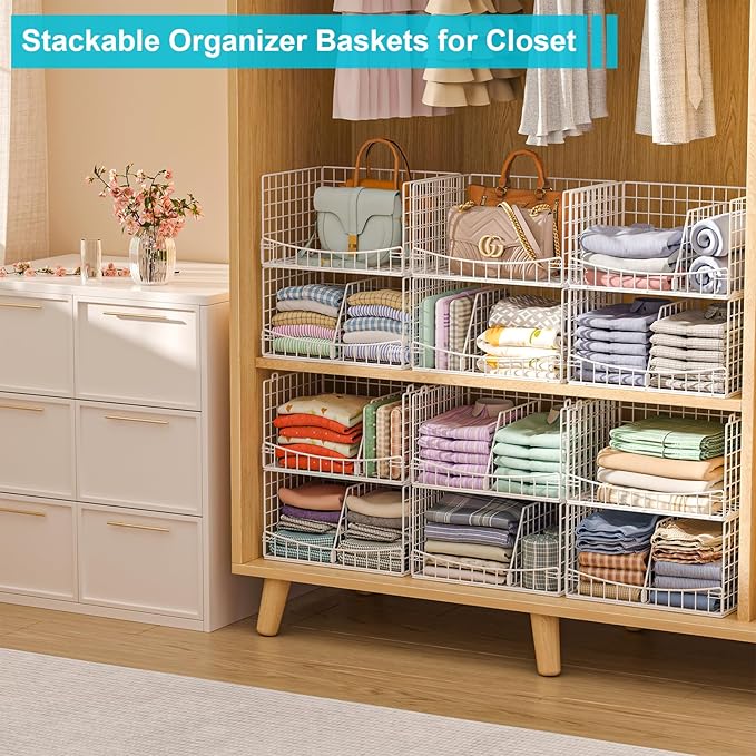4-Tier Stackable Closet Organizers and Storage Basket with Divider, Foldable Closet Shelf Organizer Systems for Clothing Sweaters, Wardrobe Cupboard, White