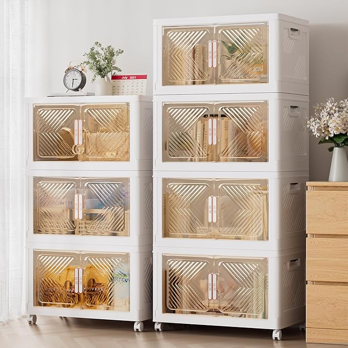 Storage Bins with Lid 76QT, Stackable Storage Containers with Wheels and Magnetic Doors, Plastic Clothes Closet Organizers and Storage Box for Home and Office (3 Pack)