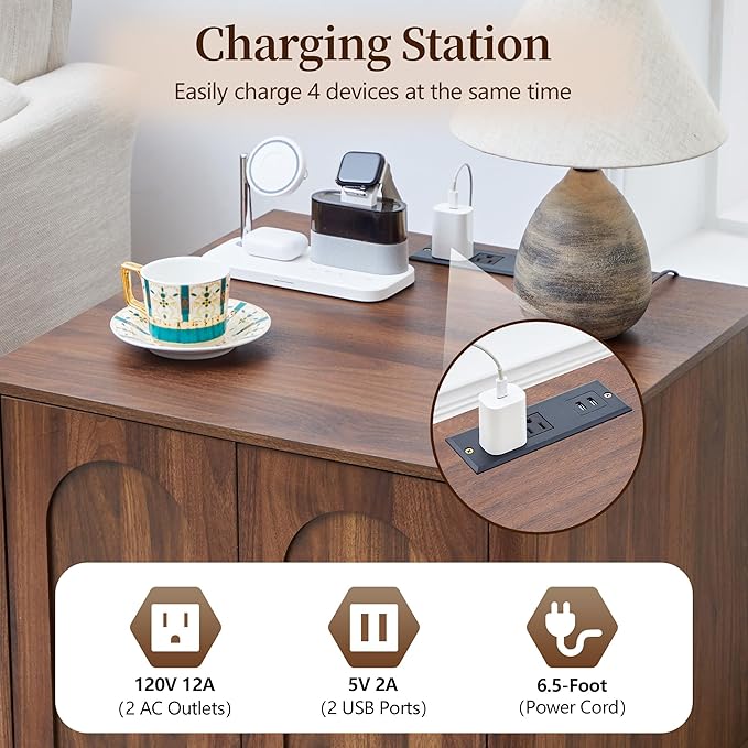 Bed Side Table with Charging Station, Mid Century Modern Nightstand with 2 Doors, Square End Table with Storage for Couch,Living Room,Small Spaces, Sofa Side Table for Office,Dorm - Walnut
