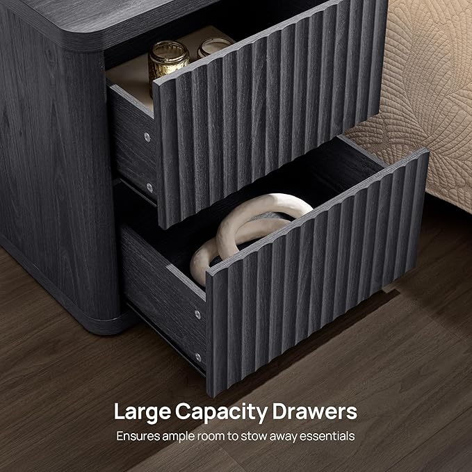 SICOTAS Night Stand Set of 2 Nightstands with 2 Drawers Storage Bedside Table Large Fluted Bed Side End Table Modern 24.4" Tall Wide Night Stands for Bedroom Living Room Sofa Couch Office