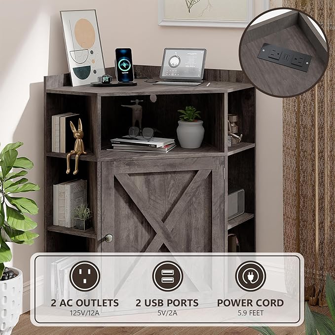Vabches Corner Cabinet, Corner Storage Shelf with USB Ports and Outlets Industrial Organizer for Small Space Wooden 6-Cubby Bookshelf for Study, Playroom, Living Room (Rustic Grey)